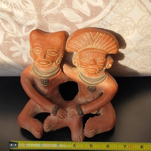 Pre-Columbian Style Mexican Folk Art Aztec Mayan Couple Connected Figurine